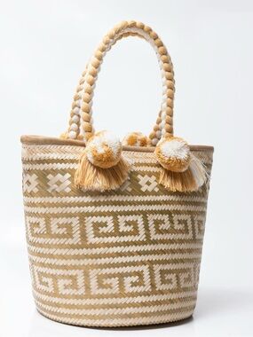 Woven Pom-Pom Straw Tote Bag - Choose from 5 Colors